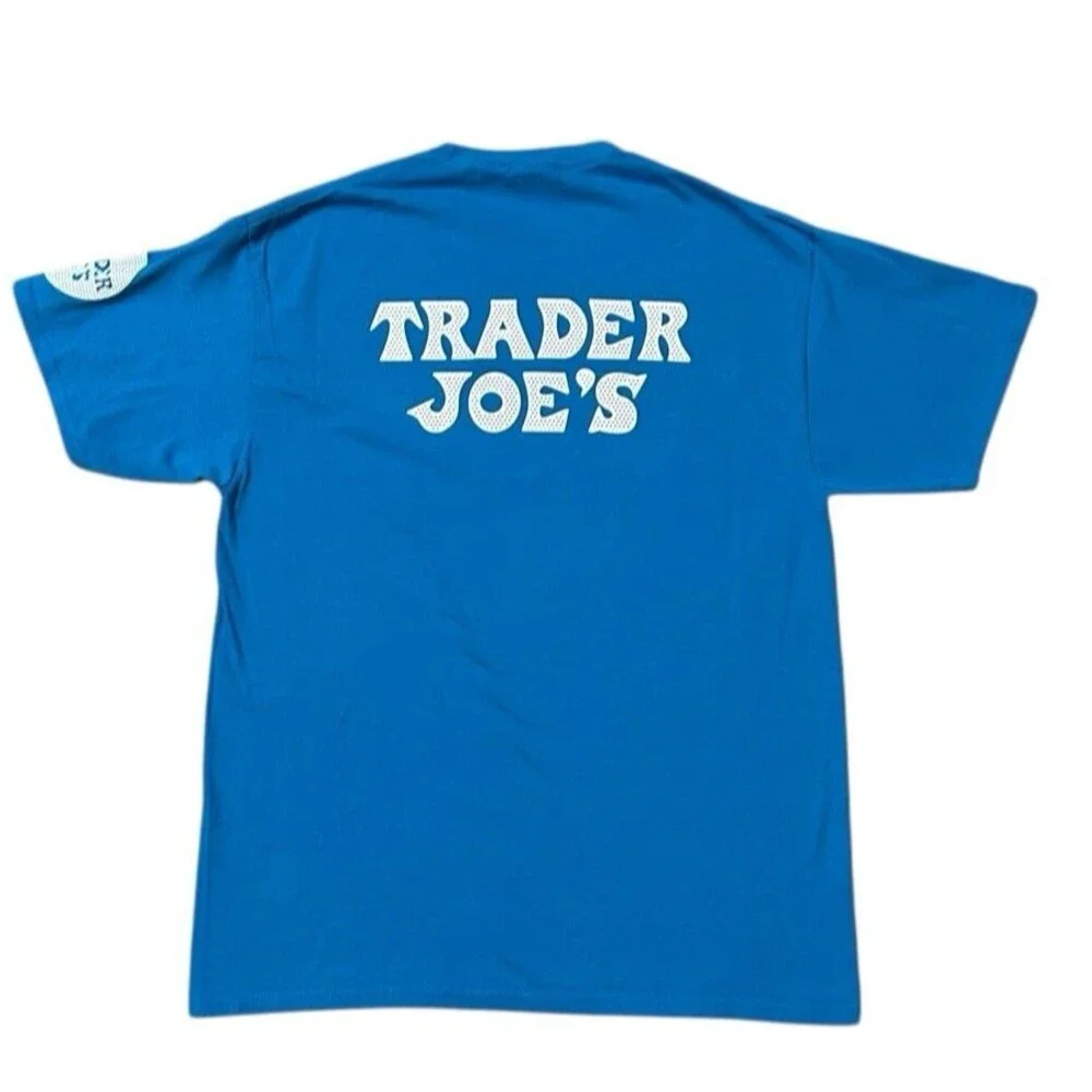 Trader Joes T-shirt L torquoise blue grocery store employee crew market
